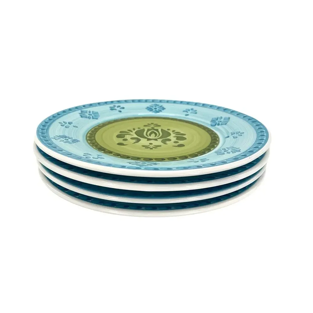 2 Williams Sonoma Italy Blue and Green Stencil Hand Painted Dinner Plates 11”